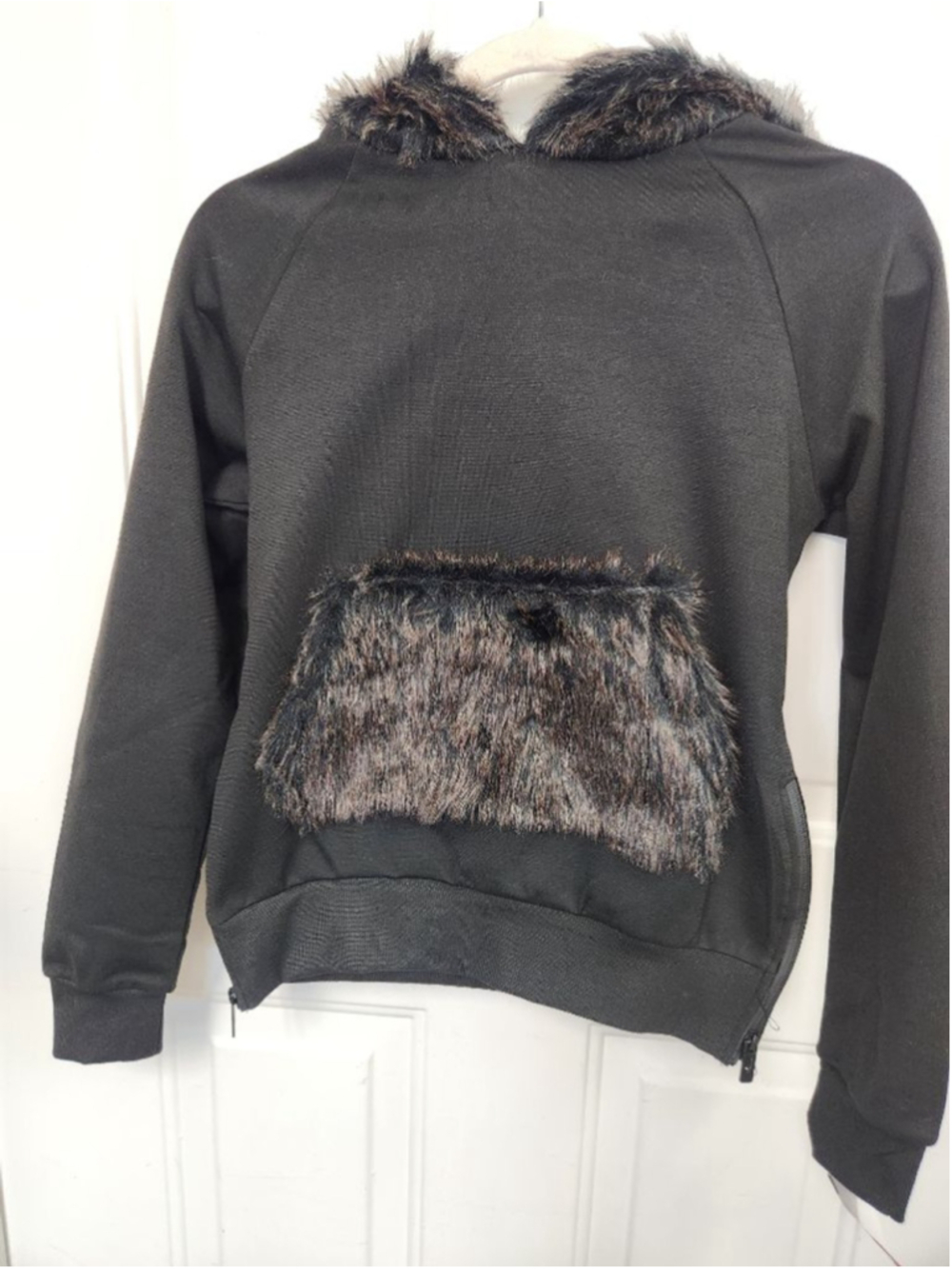 RIFLESSI Black Faux Fur Trim Hoodie S